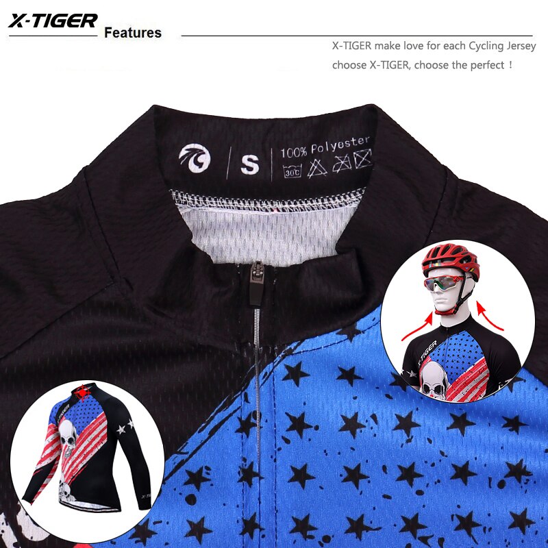 X-tiger manga longa crânio retro ciclismo jerseys mtb ciclismo roupas de bicicleta maillot ropa ciclismo primavera outono jerseys